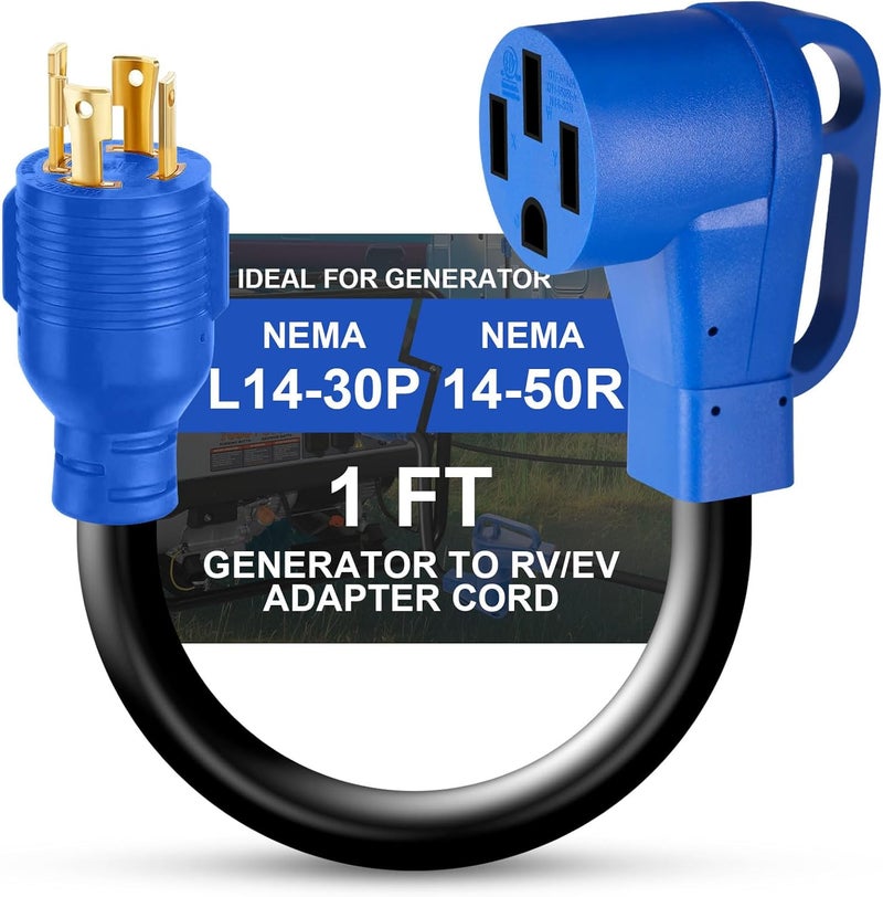 KTOEBYCO 4 Prong 30 Amp to 50 Amp Generator Adapter Cord, NEMA L14-30P to 14-50R, Heavy Duty 10 AWG STW Copper Cable, ETL Certified, Ideal for Tesla EV Charging, RV, Trailer & House Power, 12 Inch - Image 1